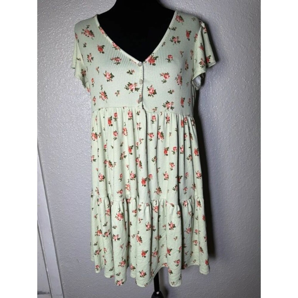See You Monday womens floral green pink knit v-neck short sleeve dress size L